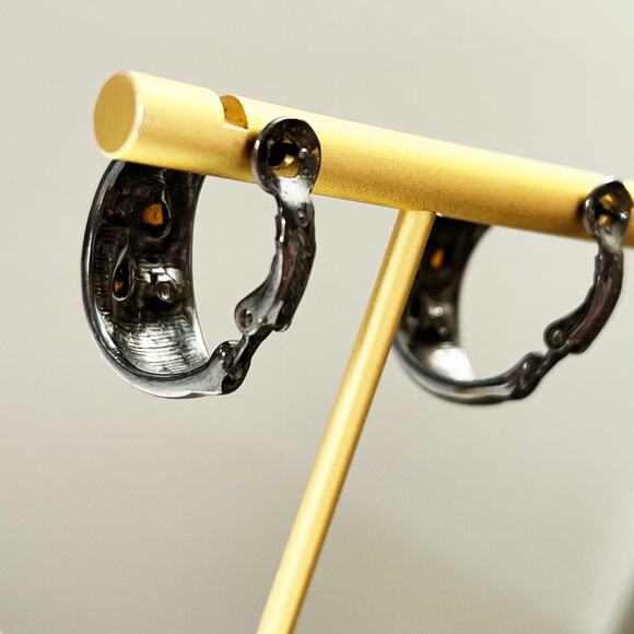 Goldette Vintage Black & Rhinestone Hoop Earrings - Picture 4 of 5